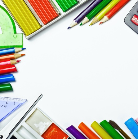 school supplies isolated on white backgroundの写真素材