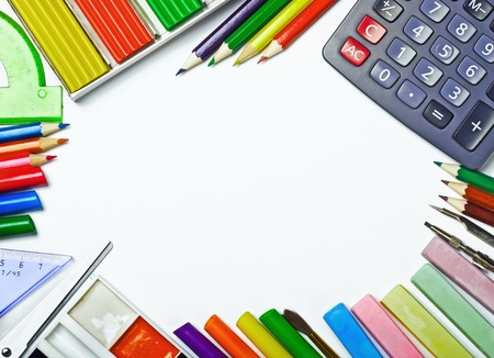 school supplies isolated on white backgroundの写真素材