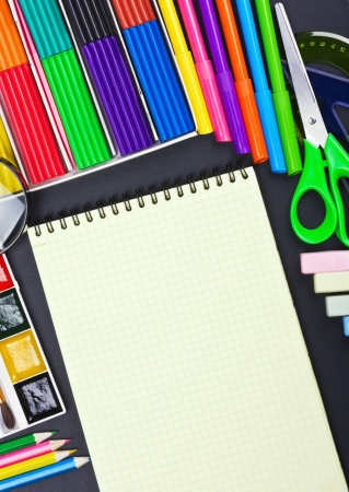 notepad for recording and various school suppliesの写真素材