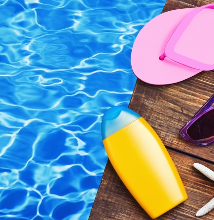 beach supplies for the recreational on the wooden floorの写真素材
