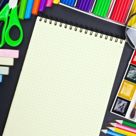 notepad for recording and various school suppliesの写真素材