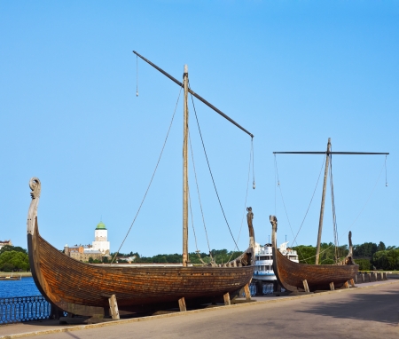 Drakkar on the waterfront in Vyborg, Russiaの写真素材