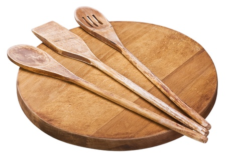 Wooden kitchen utensils isolated on white backgroundの写真素材
