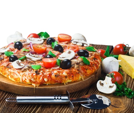 Appetizing pizza with mushrooms isolated on whiteの写真素材