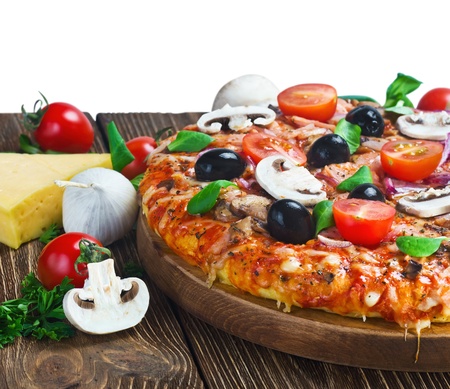 Italian pizza with mushrooms and cheese served isolated on white backgroundの写真素材