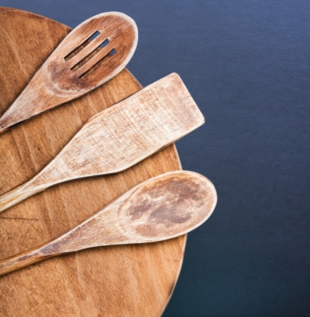 Wooden kitchen utensils and a place for textの写真素材