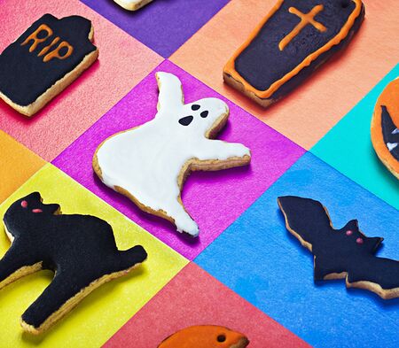 Halloween cookies on a colored backgroundの写真素材
