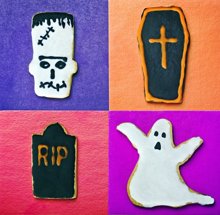 Halloween cookies on a colored backgroundの写真素材