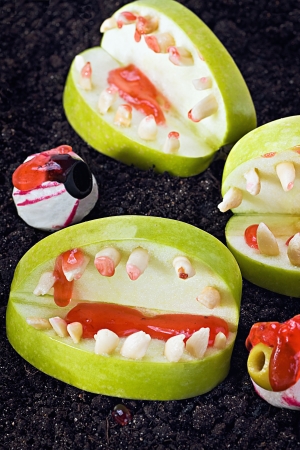 jaw with teeth of apples and nuts for Halloweenの写真素材