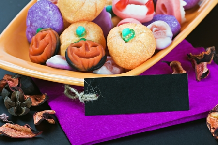 fruit jelly candies for the holiday Halloween and black labels for congratulationsの写真素材