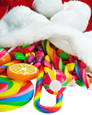 colorful candy in a Christmas sockの写真素材