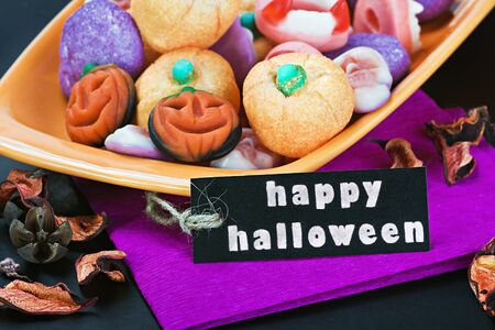 fruit jelly candies for the holiday Halloween and black label with the complimentsの写真素材