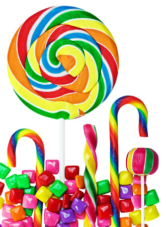 Colorful candies and sweets isolated on white backgroundの写真素材
