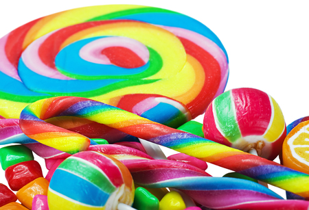Great variety of colorful candy on white backgroundの写真素材