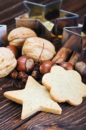 Christmas cookies and different ingredients for bakingの写真素材