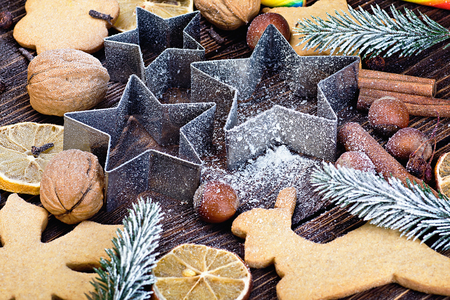 molds and ingredients for baking Christmas cookiesの写真素材