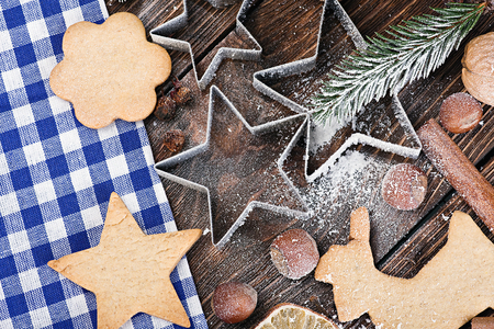 molds and ingredients for baking Christmas cookiesの写真素材