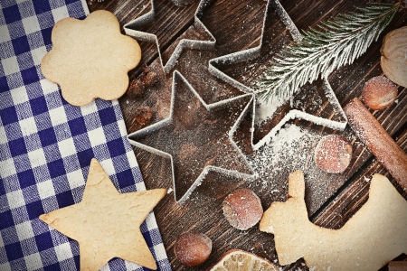 molds and ingredients for baking Christmas cookiesの写真素材