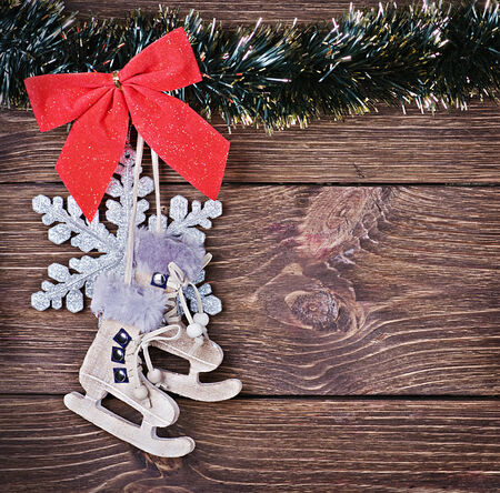Christmas toys and decorations on wooden backgroundの写真素材
