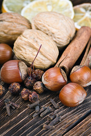 Christmas spices, nuts and fruitsの写真素材