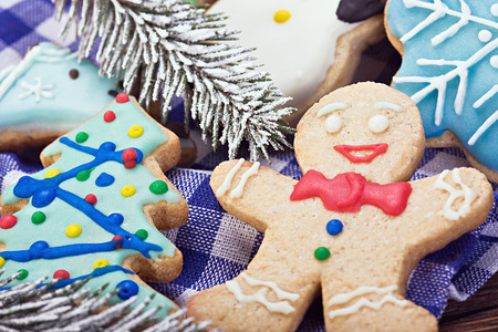 smiling on the background of Christmas gingerbread decorationsの写真素材
