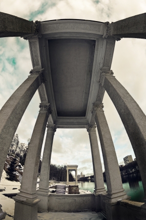 old pier on the Moscow River made in the style of the Stalin Empire style. Filmed on a fisheye lens.の写真素材