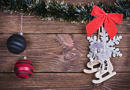 Christmas toys and decorations on wooden backgroundの写真素材