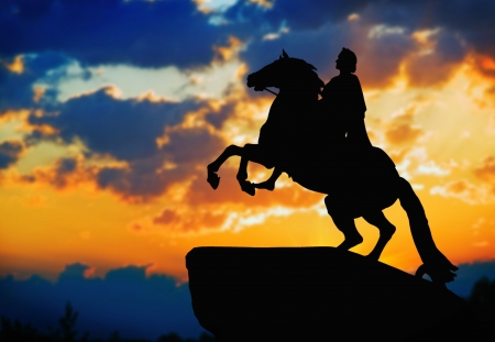 Statue of Peter Great, silhouetted against the sunset. St. Petersburg, Russia.の写真素材