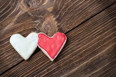 two hearts cookies baked Valentine's Day on the tableの写真素材
