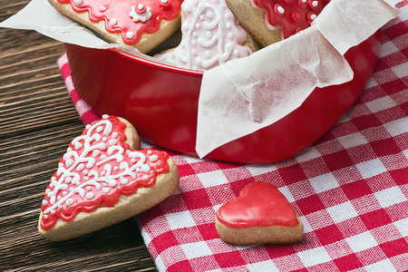 cookies in a box in the form of baked hearts for Valentine's dayの写真素材