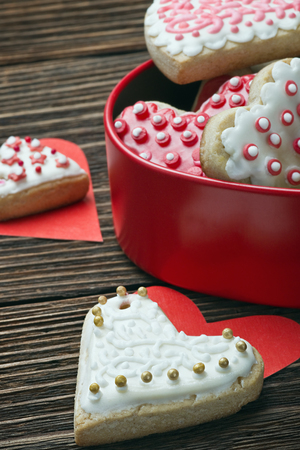 cookies in a box in the form of baked hearts for Valentine's dayの写真素材