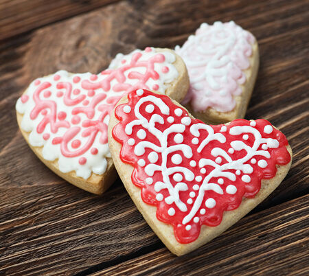 Heart shaped cookies baked Valentine's Day on the tableの写真素材