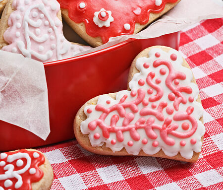 cookies in a box in the form of baked hearts for Valentine's day. Focus on biscuits in the foregroundの写真素材