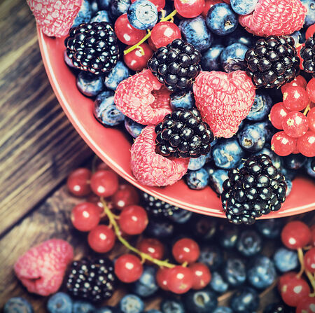 fresh blueberries, currants, blackberries, cranberries and raspberries. toned imageの写真素材