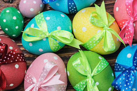 decorative eggs for Easter is on the tableの写真素材