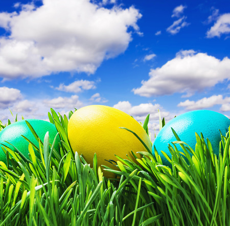 colored Easter eggs on grass against the sky