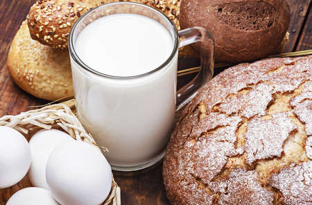 bread, milk, flour and eggs all baking homemade breadの写真素材