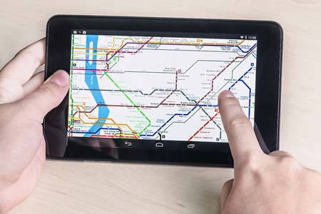 Moscow, Russia - August 26, 2014: New York subway diagram on the tablet. New York's largest...