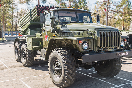 Leningrad Region, Russia - May 5, 2014: multiple rocket launcher BM-21 Grad in the parade. Grad...