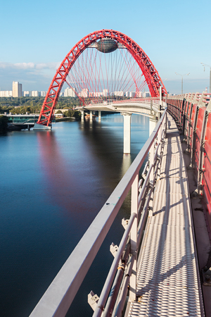 MOSCOW, RUSSIA - September 4, 2014: Zhivopisny Bridge is cable-stayed bridge that spans Moscow River.Opened on 27.12.07 and is the highest cable-stayed bridge in Europeのeditorial素材