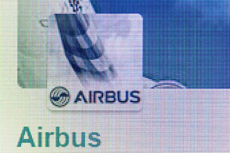 Moscow, Russia - September 24, 2014: Airbus logo on the screen. Airbus is one of the largest aircraft manufacturers in the world, founded in the late 1960s.のeditorial素材