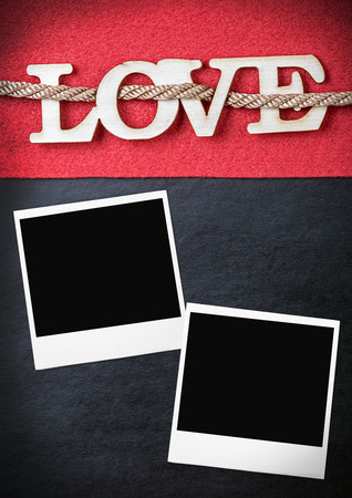 Love letters cut out of plywood and photo frames. Can be used for congratulations on Valentine's Day or Mother's Day.の写真素材