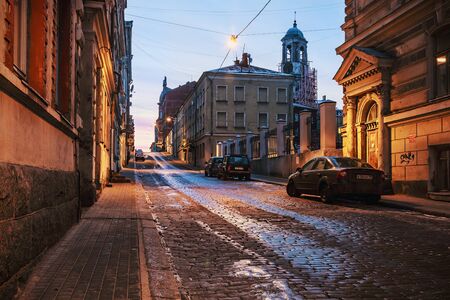 Vyborg, Russia - January 7, 2015: old streets of Vyborg at dawn. Vyborg, founded in the Middle Ages,...