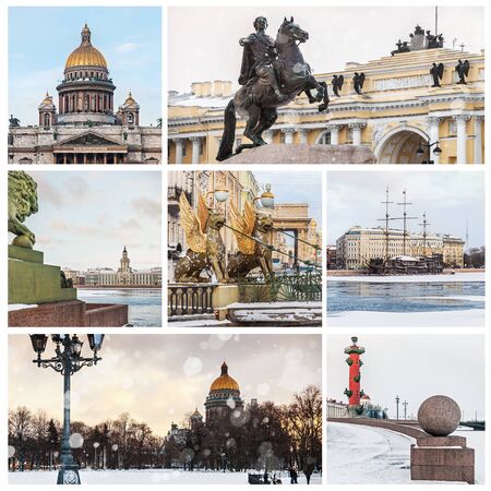 set of sights of St. Petersburg in winter. Russiaのeditorial素材