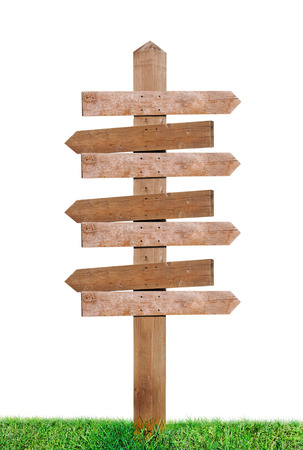 wooden pointer on the lawn isolated on white batskgroundの写真素材