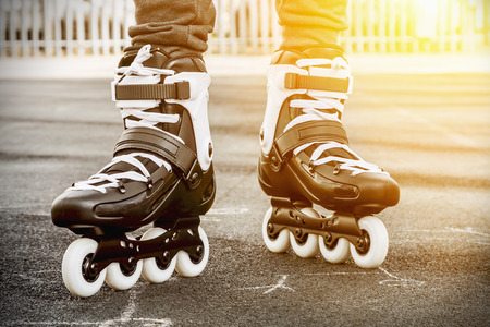 walk on roller skates for skating. Focus on roller skates.の写真素材
