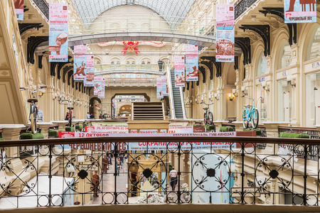 Moscow, Russia - May 23, 2015: Shoppers and tourists in GUM on Red Square. GUM (an abbreviation of "State Department Store), a large shopping mall in the center of Moscowのeditorial素材
