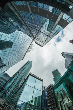landscape of silhouettes of skyscrapers in the city. toning image. Focus on the tops of skyscrapers.の写真素材