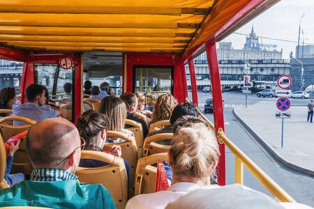 Moscow, Russia - September 27, 2015: Tourists and townspeople excursions in Moscow on a double Decker. Moscow is the capital of the Russian Federation, founded in 1147のeditorial素材
