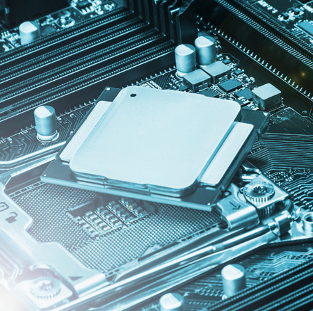 CPU socket and processor on the motherboard. focus on top of CPU. Toned image
